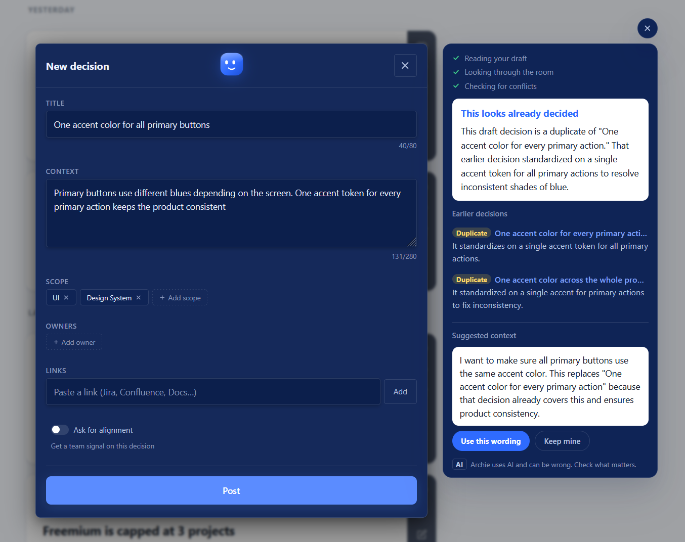 Check my draft flagging a duplicate of an earlier decision, with Use this wording and Keep mine buttons