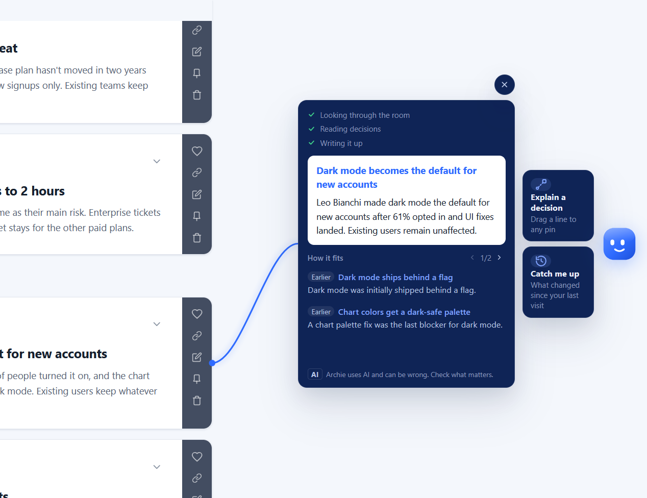 Archie tethered to a decision card, with a summary and related earlier and later decisions