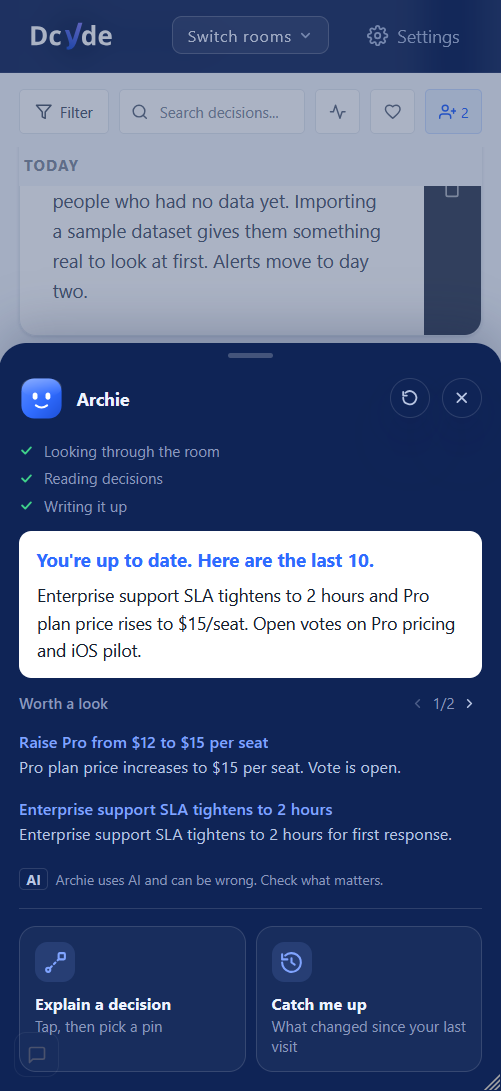 Archie on a phone, as a bottom sheet with a catch-up summary and both tools