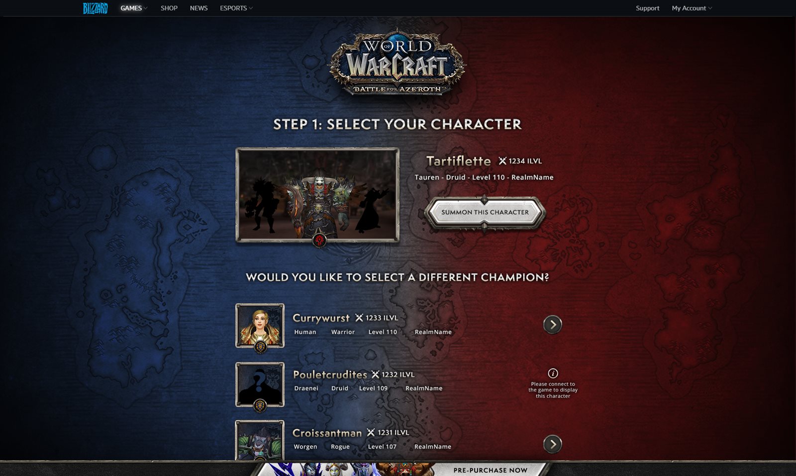 World of Warcraft Battle for Azeroth character selection page: step one, summon this character, and a roster of the player’s own characters with class, level, and item level