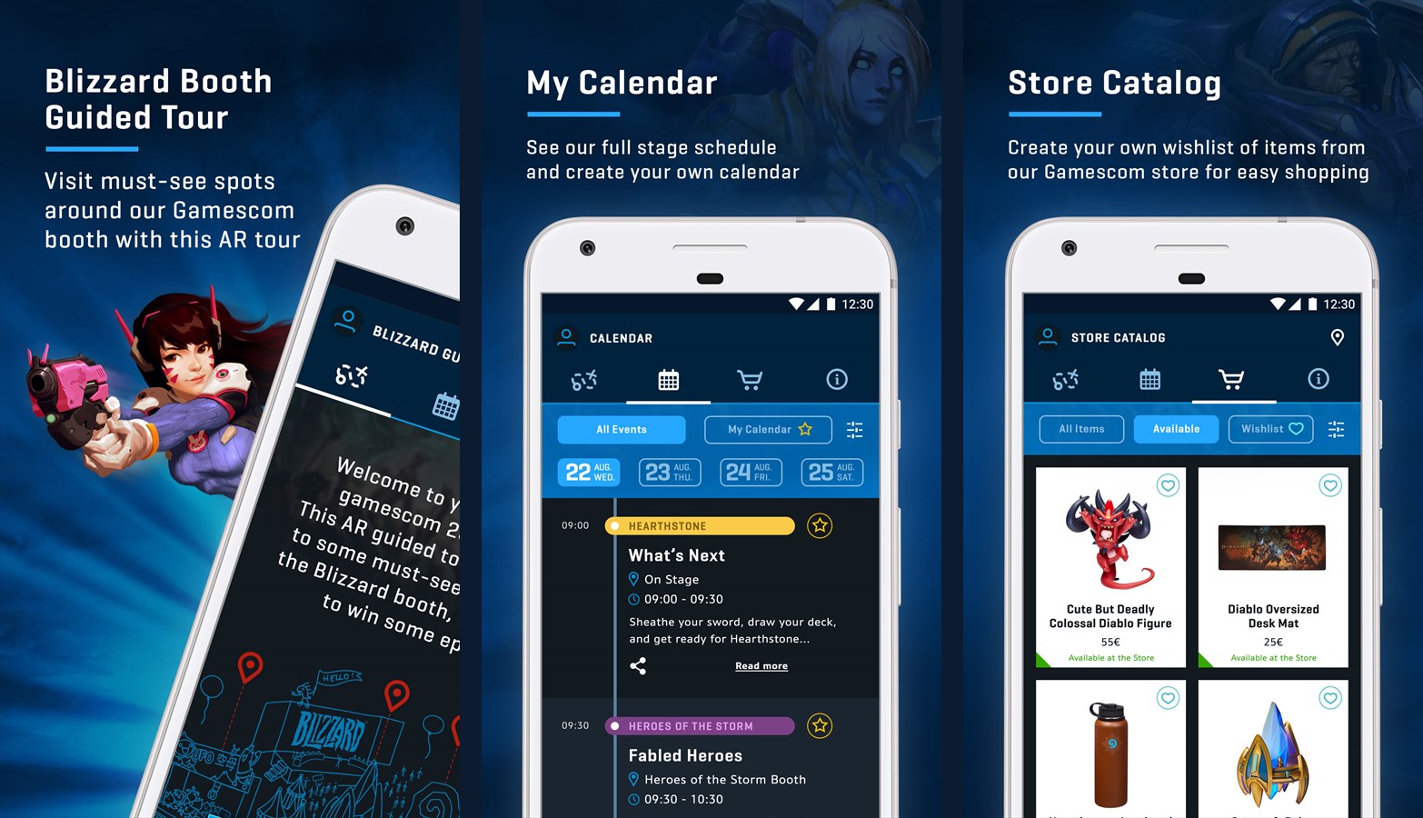 Three Play Store screenshots of the Gamescom 2018 visitor app: AR booth tour, stage calendar, and store catalog