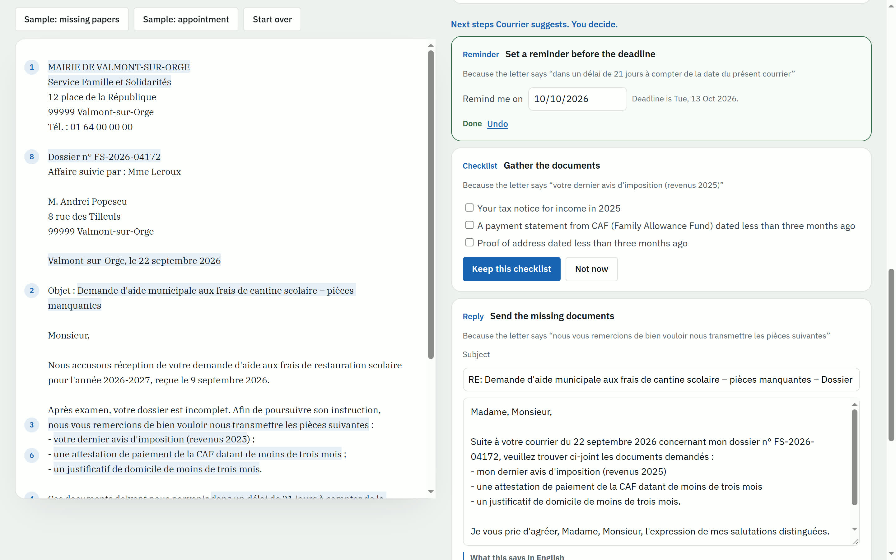 Courrier next steps: an approved reminder with an undo link, a documents checklist, and a reply drafted in French