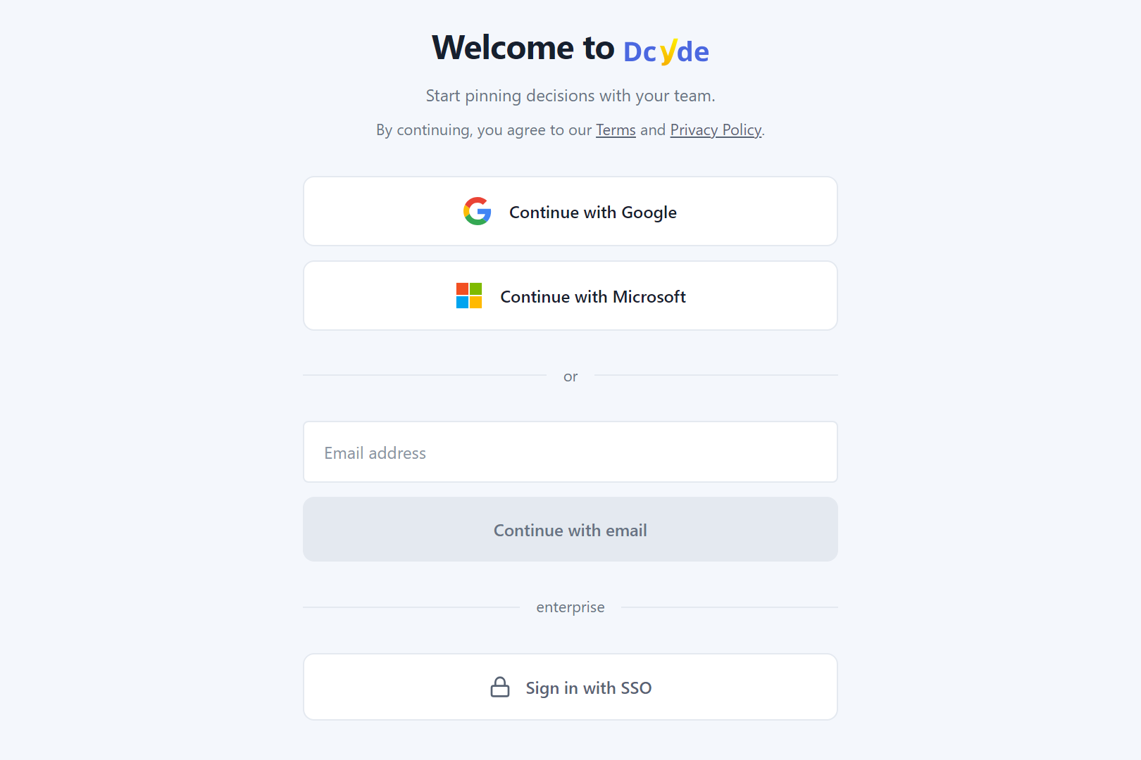 Dcyde login page with Continue with Google, Microsoft, email, and Sign in with SSO