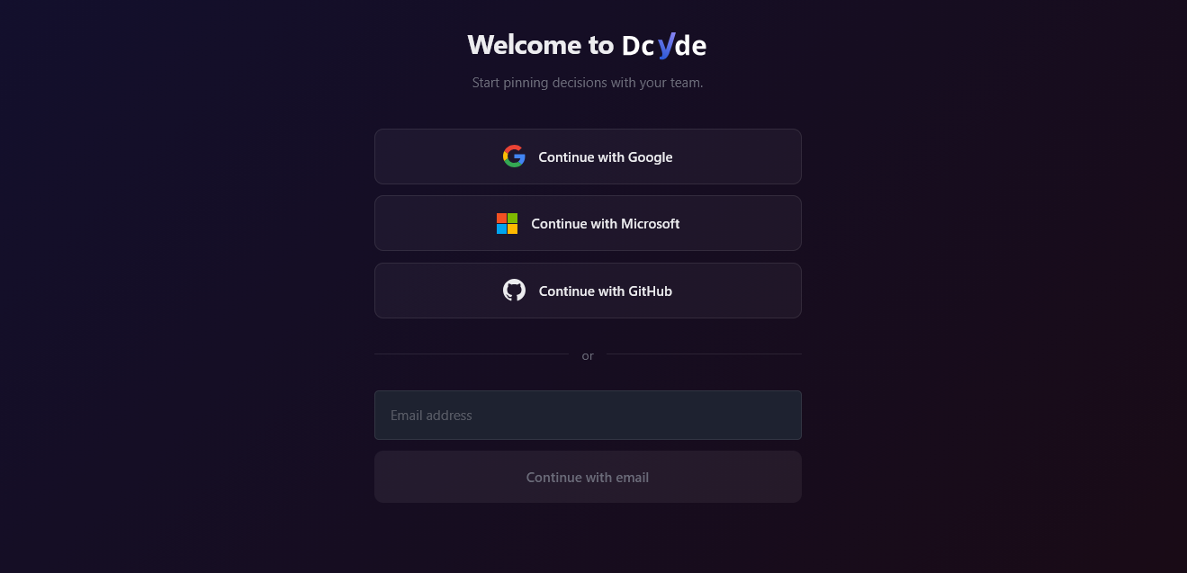 Dcyde login page with Google, Microsoft, GitHub, and email options