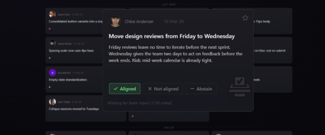 Decision card with alignment voting options: aligned, not aligned, abstain
