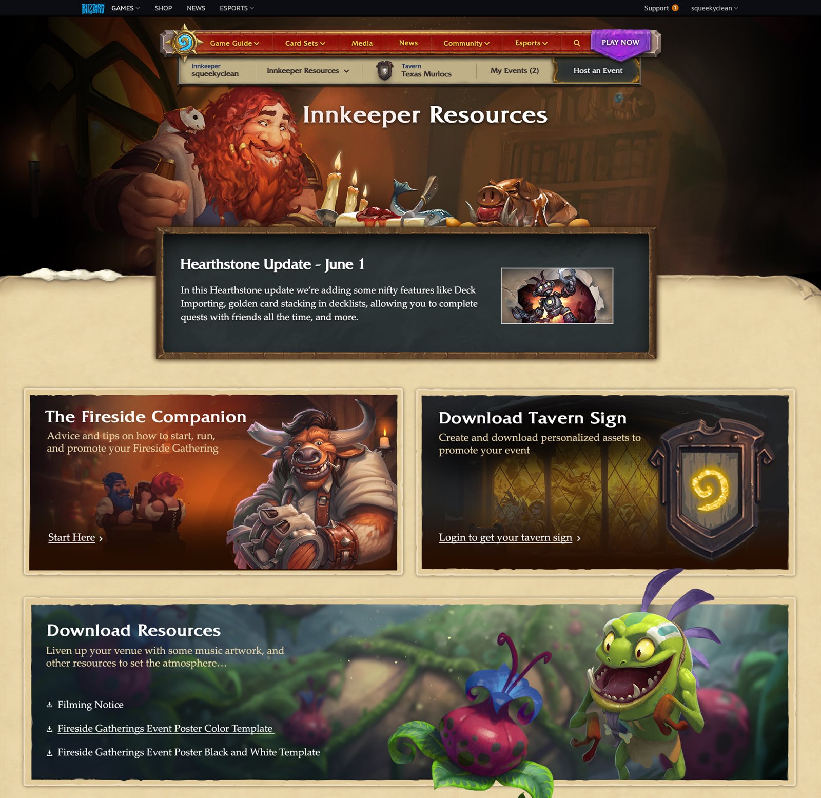 The Hearthstone Innkeeper Resources page: host navigation, a product update, and cards for the Fireside Companion guide, downloadable tavern signs, and event poster templates