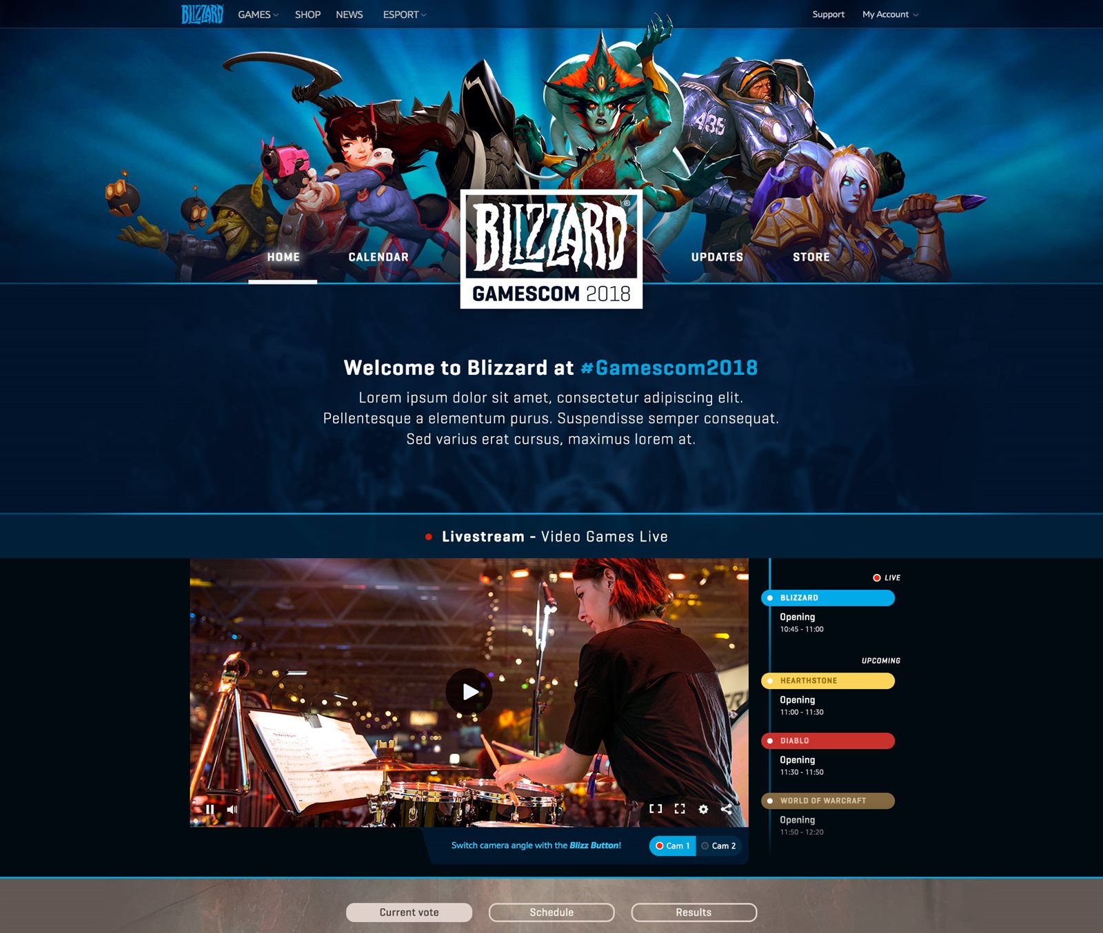 The Blizzard Gamescom 2018 event site: hero with the show branding, and a livestream player with the stage schedule alongside it